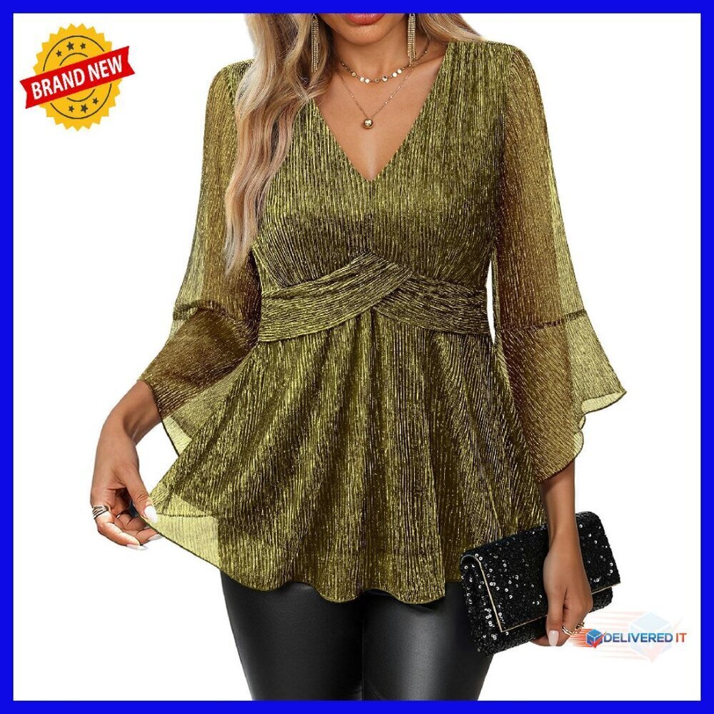 Sparkle Mesh 3/4 Bell Sleeve Blouse Party Top Glitter Sequin